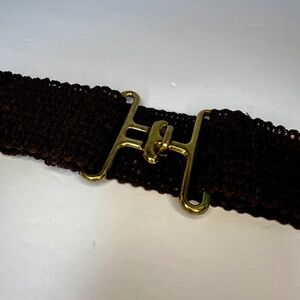 Vintage Brown Wide Elastic Belt Gold H Hook Buckle 39–40”